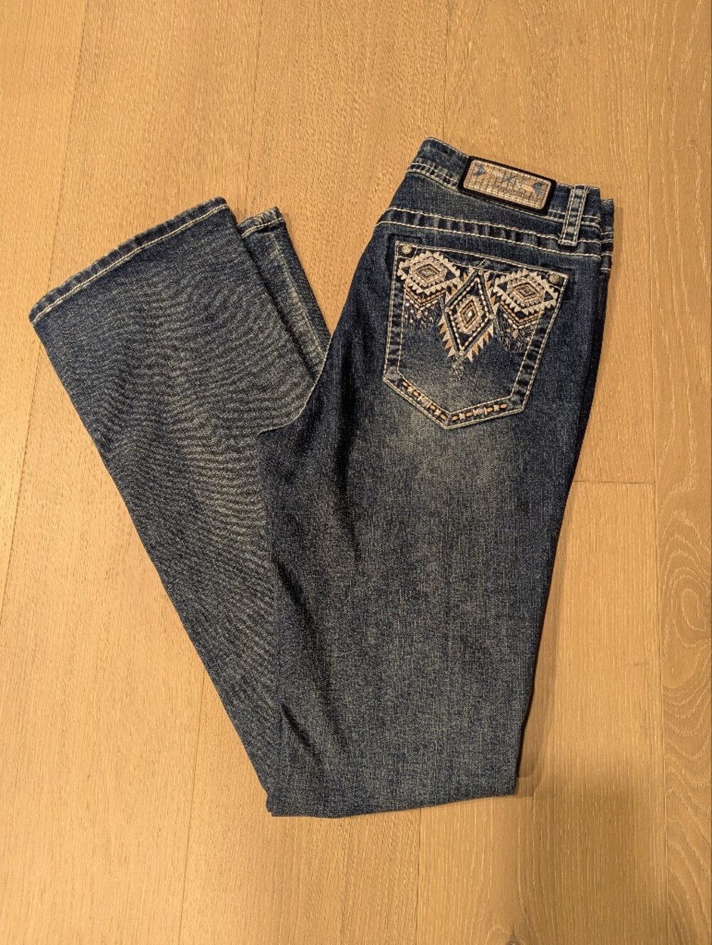 Grace in LA Dark Blue Boot Cut Jeans with Embroidered Back Pocket